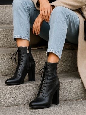 MICHAEL KORS Black Leather Lace-Up Block Heel Ankle Boots Size 7
